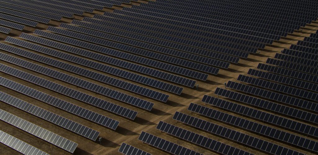 Aerial view of a utility-scale solar panel array