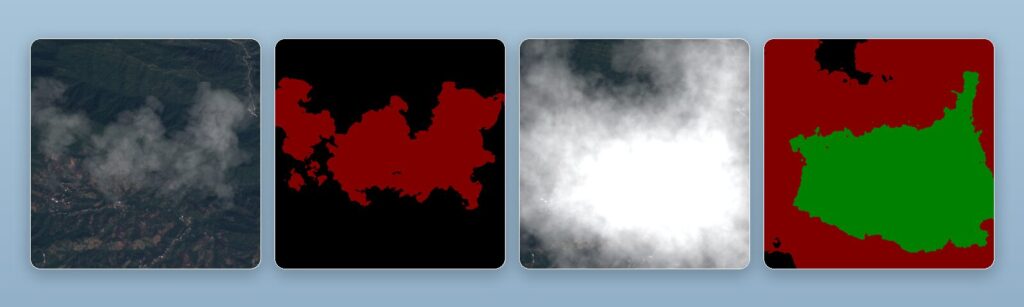 Four synthetic satellite image tiles generated by Another Earth: two cloud scenes and their corresponding cloud masks.